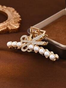 1/3pcs Luxury Pearl & Rhinestone Hair Claw, Elegant Hair Claw, Ideal For Updo & Half-Up Hairstyles - Gold - View 5