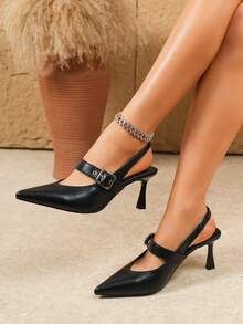 Sandali da donna con tacco a spillo, punta affusolata, colore unito, cinturino posteriore, decorazione con fibbia, cinturino alla caviglia, nero, scarpe estive - nero - Visualizzare 1