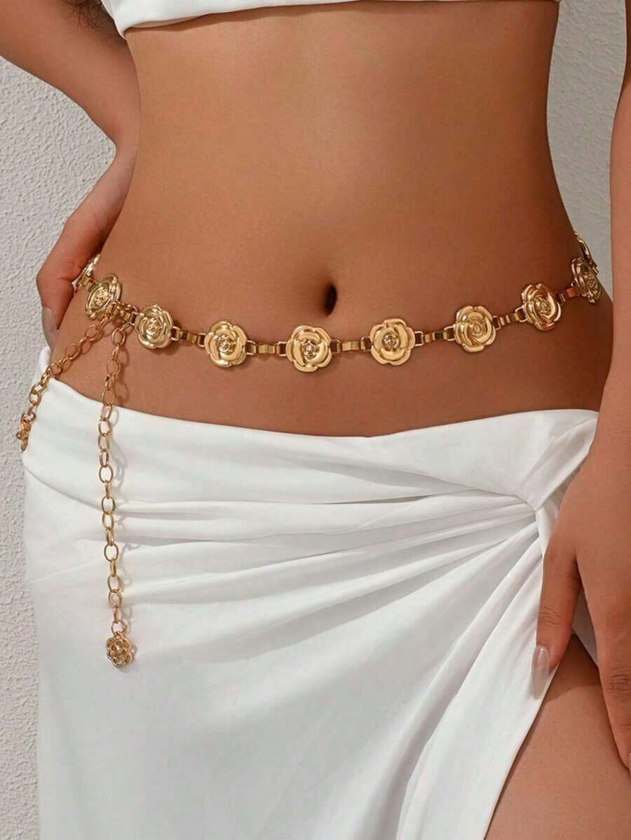 1pc Vintage Fashion Personalized Metal Distressed Chain Rose Flower Tassel Waist Chain, Bohemian High-End Versatile Dress Belt Suitable For Women In Any Occasion - 黃金3 - 查看 1