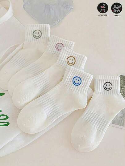10/5 Pairs Women's Minimalist Smiling Face White Socks, Comfortable Sports Socks, Suitable For All Seasons, Breathable, Odor-Resistant, Elastic And Soft, Solid Color Design, Suitable For Casual Wear, Yoga, Daily And Holiday Wear