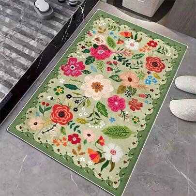 Bohemian Floral Bathroom Mat Set, Bathroom Carpet, Area Decor Carpet, Bathroom Mat, Bath Mat, Bathroom Decor, Rug For Bathroom, Door Mat, House Mats, Kawaii Rug, Modern Farmhouse Style Kitchen Carpet And Mat, Non-Slip Washable, Bohemian Style Doormat Carpet