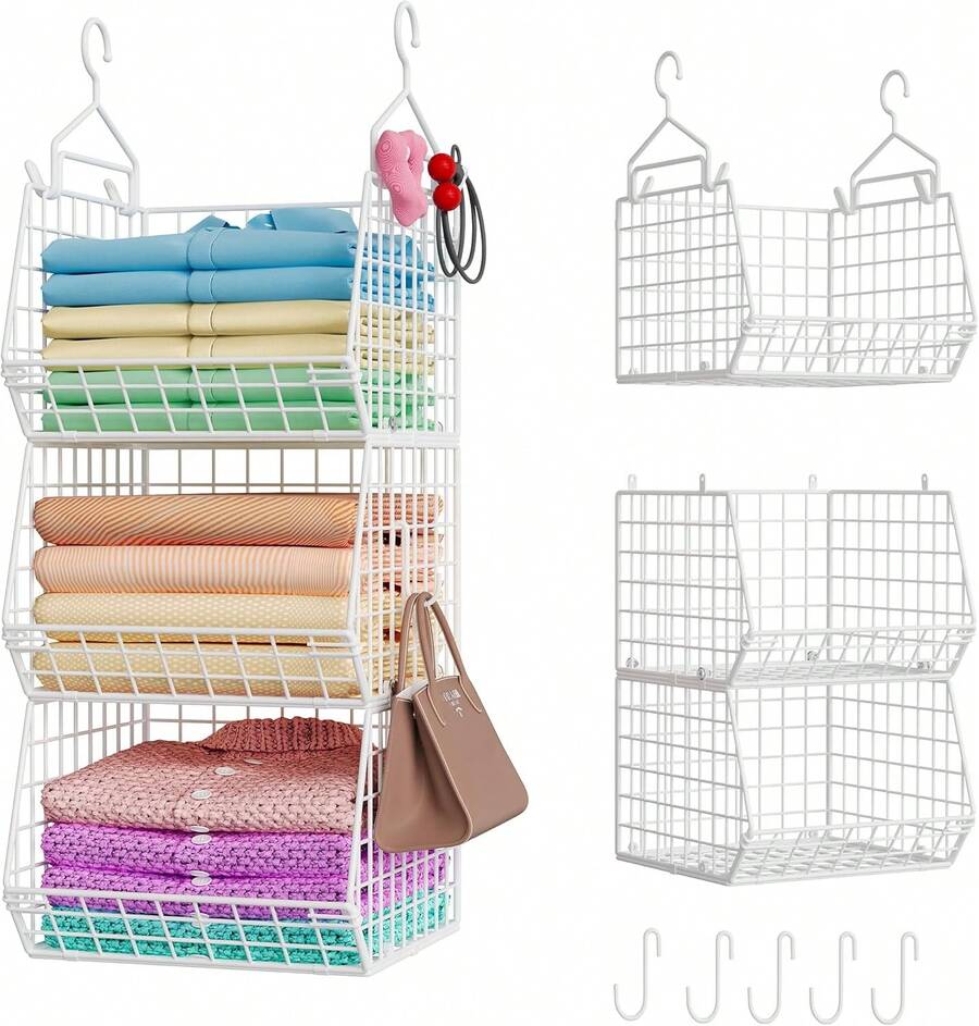 X-Cosrack 3 Tier Foldable Closet Organizer, Clothes Shelves With 5 S Hooks, Wall Mount&Cabinet Wire Storage Basket Bins, Clothing Sweaters Shoes Handbags Clutches Accessories-White Patent Design - 白色 - 查看 1