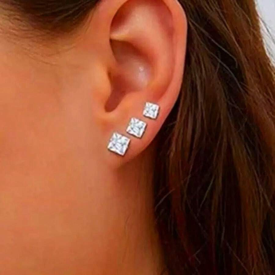 1 Đôi Khuyên Tai Hình Vuông Đính Đá Cubic Zirconia, Khuyên Tai Kẹp Sụn Bạc Mềm, Khuyên Tai Thép Titan Lấp Lánh Tối Giản Thanh Lịch, Quà Tặng Ngày Lễ Cho Cả Nam và Nữ - Bạc - Xem 1