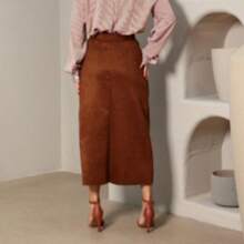 Premium Suede Midi Pencil Skirt With Sash Belt, Side Zipper And Front Slit, Suitable For Evangelical Fashion, Parties, Evenings, Church Services, Offices, And More. New Arrival. - 駝色 - 查看 3
