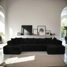 Boneless Couch,Modular U-Shaped Sectional Sofa,130-Inch 4-Seater Chaise Lounge With Reversible Design, Striped Corduroy Fabric In BLACK – Sectional Living Room Or Bedroom Couch, Freely Configurable Layout. - 黑色 + 聚酯纖維 + 聚酯纖維 + 4 座 - 查看 1