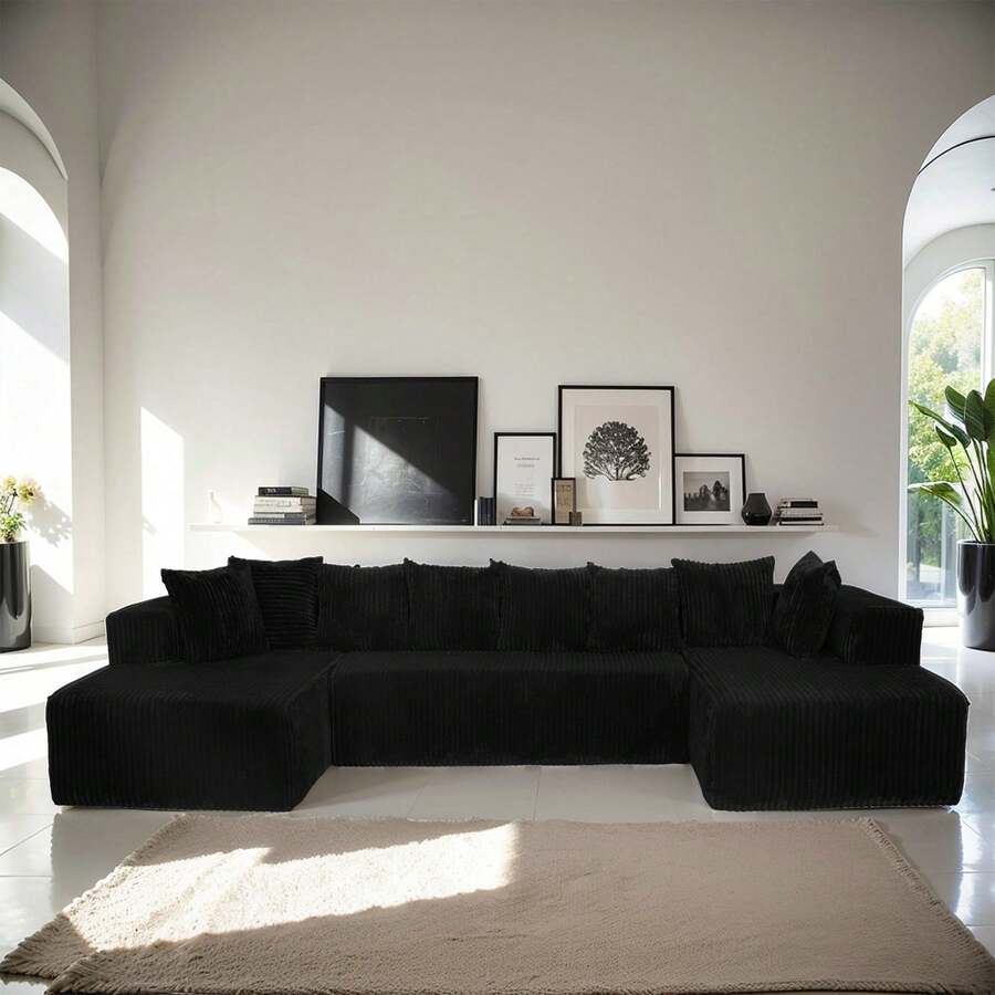 Boneless Couch,Modular U-Shaped Sectional Sofa,130-Inch 4-Seater Chaise Lounge With Reversible Design, Striped Corduroy Fabric In BLACK – Sectional Living Room Or Bedroom Couch, Freely Configurable Layout. - 黑色 + 聚酯纖維 + 聚酯纖維 + 4 座 - 查看 1