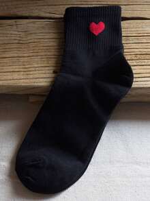 5 Pairs Women's Striped, Polka Dot, Heart Patterned Black Socks, Soft, Breathable, Suitable For All Seasons, Student Style - Black - View 3