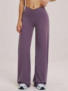 TimeOff 1pc Women Solid Color Criss-Cross Waistband Loose Straight Leg Wide Pants - Purple - View 3