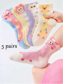 5 Pairs Spring/Summer Thin Socks For Girls Aged 2-16, Cute Cartoon Animal Pattern Baby Socks, Breathable Mesh Socks - Multicolor - View 8