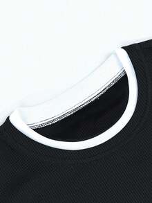1pc Tween Boys Fashionable Minimalist Waffle Knit Casual Comfortable Crew Neck T-Shirt - Black - View 4