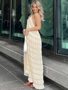 Women's Halter Neck Long Dress, Sleeveless Casual Cami Style With Asymmetrical Hem And Back Knot Detailing In Woven Fabric Party Summer Elegant - Apricot - View 6