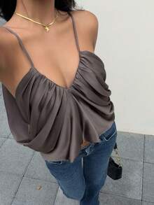 Seelio Summer New Arrival Women's Fashion Sexy Satin Pleated Camisole Top - Brown - View 1