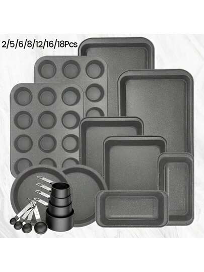 Juego de bandejas de hornear antiadherentes, incluye moldes redondos/cuadrados para pasteles, molde para magdalenas, molde para pan, bandeja para hornear, bandeja para galletas, juego de herramientas de horneado en color gris