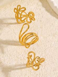3pcs 18K Gold Plated Stainless Steel Minimalist Elegant Geometric Floral Line Pattern Ring Set, Suitable For Women's Daily, Festival, Date, Shopping Wear, Popular Jewelry Gift - Multicolor - View 3