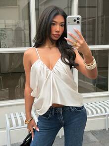 DEEKA 夏季新款女士时尚性感缎面褶皱吊带背心 白色 - 白色 - 查看 3