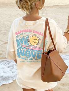 少女学生休闲印花圆领短袖T恤，夏季上衣 - 杏色 - 查看 1