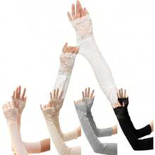 1 Pair Women's Lace Splice High Elastic Soft UV Protection Arm Sleeves, Suitable For Summer Cycling, Driving, Golf, Running, Cooling (Random Style Sent, Item Shown Is Gray, Khaki, White, Black From Left To Right),Travel,Festival - Multicolor - View 1