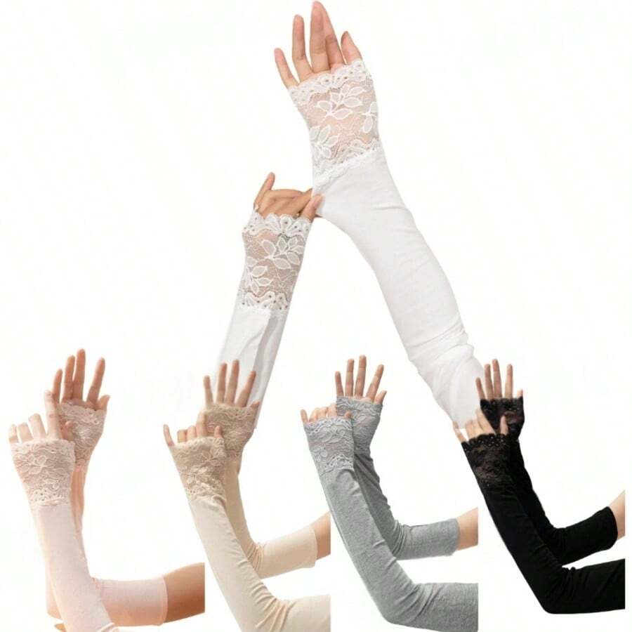 1 Pair Women's Lace Splice High Elastic Soft UV Protection Arm Sleeves, Suitable For Summer Cycling, Driving, Golf, Running, Cooling (Random Style Sent, Item Shown Is Gray, Khaki, White, Black From Left To Right),Travel,Festival - Multicolor - View 1