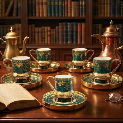 1/6pcs Set Luxury Embossed Floral Gold Rim Ceramic Coffee Cup & Saucer Set, 90ml/3.04oz Arabic Style Gold Rim Suitable For Cappuccino, Latte, Mocha, Milk, Double Espresso, Elegant Home Decor, Office, Kitchen, Festival Gift - For Her/Him