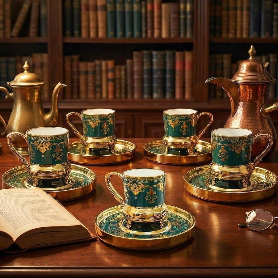 Bộ 6 tách và đĩa cà phê bằng gốm mạ vàng, chạm khắc hoa văn sang trọng, dung tích 90ml/3.04oz, kiểu dáng Thổ Nhĩ Kỳ, thích hợp pha Cappuccino, Latte, Mocha, sữa, Espresso kép. Món quà trang trí nhà cửa, văn phòng, nhà bếp thanh lịch, thích hợp làm quà tặng Ngày của Mẹ, quà tốt nghiệp - Dành cho cả nam và nữ. - Nhiều màu - Xem 1