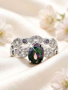 1pc Elegant Luxury Women's Wedding Ring - Four-Claw Oval Synthetic Zirconia Setting - Graceful Jewelry - Suitable For Wedding, Engagement, Valentine's Day, Anniversary, Christmas And Other Occasions - Color - View 3