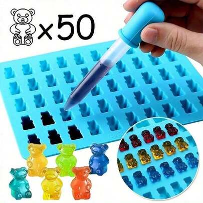 Khuôn làm kẹo dẻo hình gấu 50 ngăn bằng silicon, khuôn thạch hình gấu kèm ống nhỏ giọt, khuôn làm kẹo, sô cô la, fondant, dụng cụ trang trí bánh DIY, khuôn làm bánh hình gấu, sô cô la, xà phòng, bánh ngọt, thạch, pudding, bánh xà phòng, dụng cụ làm bánh