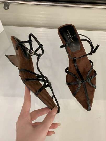 Giày sandal quai mảnh kiểu retro, thiết kế độc đáo, đế xuồng bất đối xứng, hở mũi, giày mùa hè cho nữ.