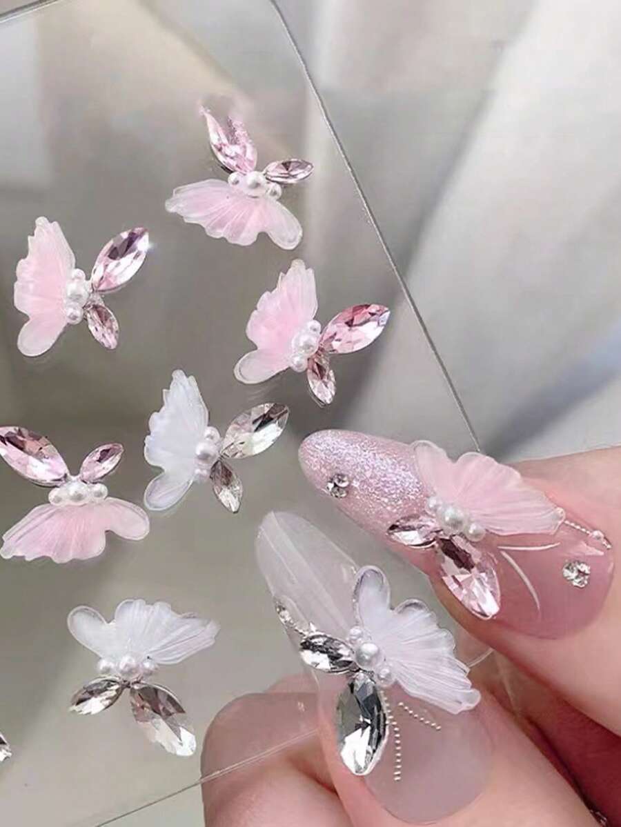 10pcs Handmade Crystal Butterfly Nail Art Decorations, Transparent Crystal Butterfly Nail Gems, Rhinestone Glitter Nail Jewelry, Minimalist Cute Nail Accessories, 3D Butterfly Fake Nail Decor, Nail Art Supplies Nails - Multicolor - View 1