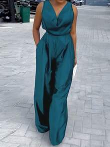 Mono elegante de mujer con pliegues sin mangas, mono ancho de estilo casual de seda sintética, adecuado para vacaciones y uso diario, primavera/verano - Azul - Ver 3