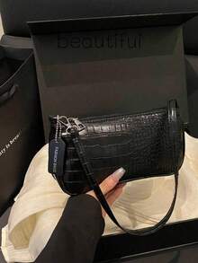 Crocodile Embossed Women's Handbags, Korean Style Ladies Underarm Tote Bags, New Fashion Shoulder Bags, Simple Commute Crescent Moon Bags , Old Money - Black - View 1