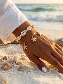 2件套波西米亚风海滩贝壳和海星吊坠手链套装，金色链条叠戴手链，女士夏季度假饰品 - 金色 - 查看 6