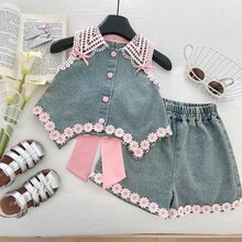 Girl's Summer Denim Set Backless Bow Flower Sleeveless Top + Denim Shorts 2Pcs - Medium Wash - View 2