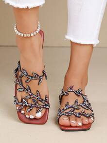 Sandalias planas con puntera cuadrada y hojas con rhinestones para mujer, estilo elegante y lujoso adecuado para uso diario, citas, fiestas y vacaciones - Sandalias planas con puntera cuadrada, hojas y rhinestones en color plateado, Sandalias planas con puntera cuadrada, hojas y rhinestones de colores - Negro - Ver 9