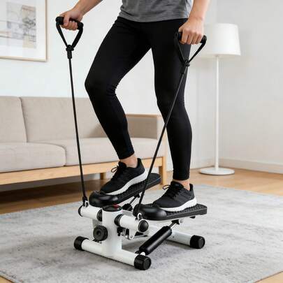 Mini Stepper portátil com 1 unidade e faixas de resistência, simulador de escada compacto para exercícios de corpo inteiro, equipamento de ginástica para casa e escritório com pedais antiderrapantes, aparelho de ginástica de baixo impacto, design elegante em preto e branco.
