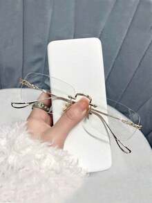 1 Pair Women's Frameless Fashion Glasses, Transparent Lenses, Retro Stylish Design, Fashion Eyewear Accessory - Gold - View 1