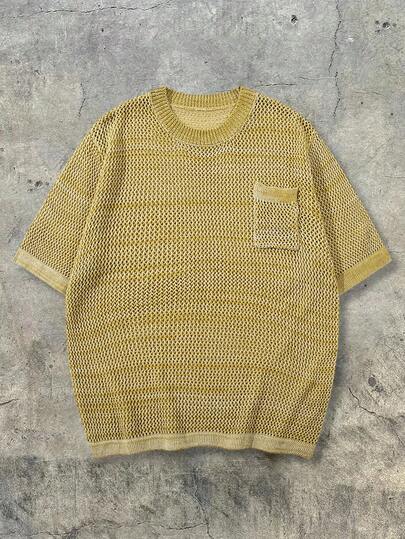 ANDREILEE 男士休闲宽松纯色镂空口袋设计复古街头风短袖T恤，适合春夏穿着