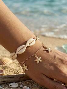 2件套波西米亚风海滩贝壳和海星吊坠手链套装，金色链条叠戴手链，女士夏季度假饰品 - 金色 - 查看 3