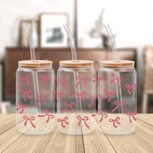4件套 16盎司玻璃杯UV DTF转印贴纸（9.4x4.3英寸），无需加热，粉色蝴蝶结丝带美感，樱桃爱心豹纹简约花卉贴花，防水摩擦贴纸，适用于Libbey易拉罐、保温杯等DIY手工礼品，送给女性和女孩 - Bow 03 - 查看 3