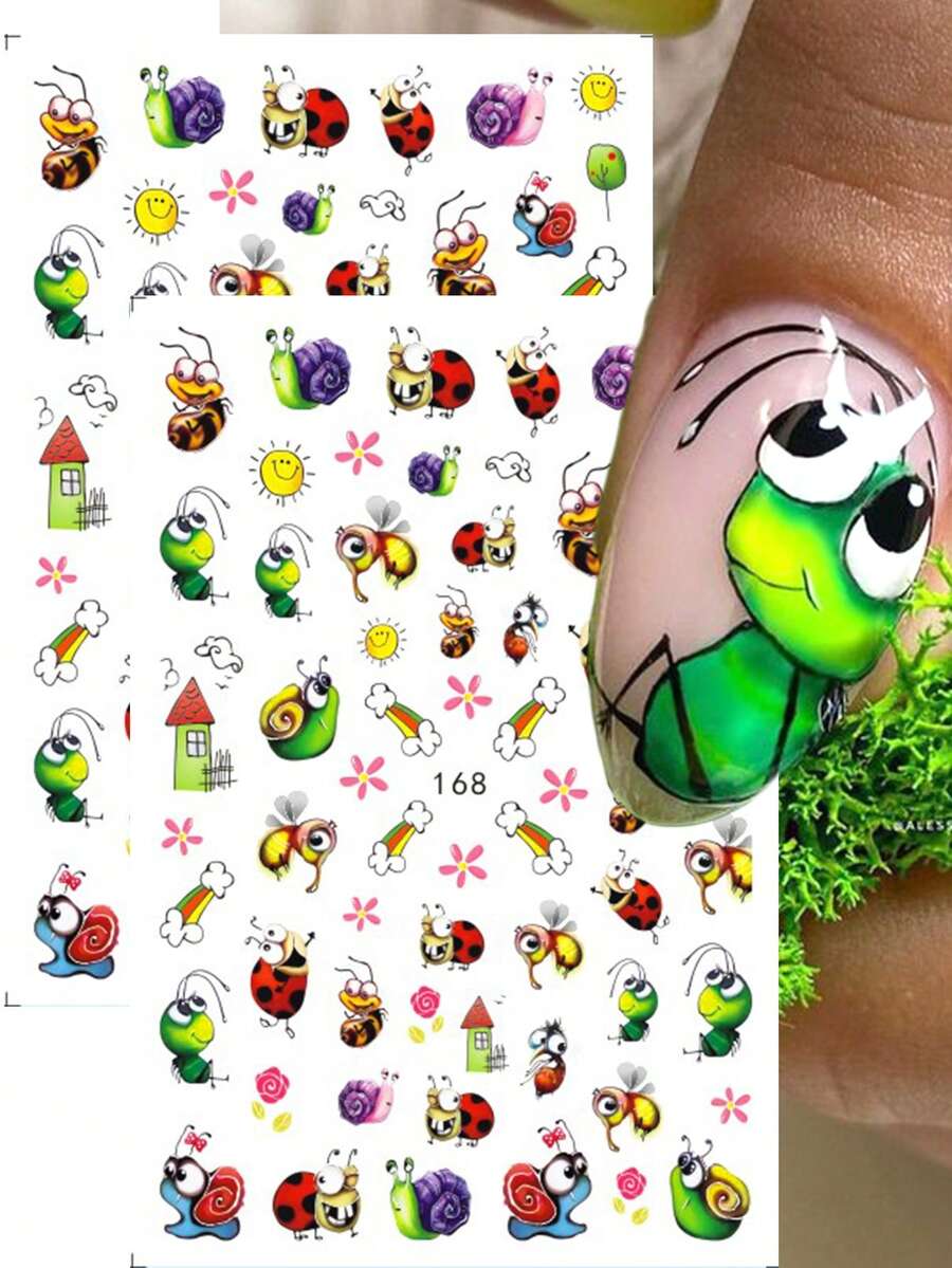 2 Peças Adesivos de Unha 3D em Estilo Cartoon de Formiga, Caracol Fofo, Joaninha, Abelha, Arco-íris, Sol, Design de Animal, Decoração de Arte de Unha DIY Kawaii Autoadesiva Decalque de Esmalte em Gel - Multicolorido - Visão 1