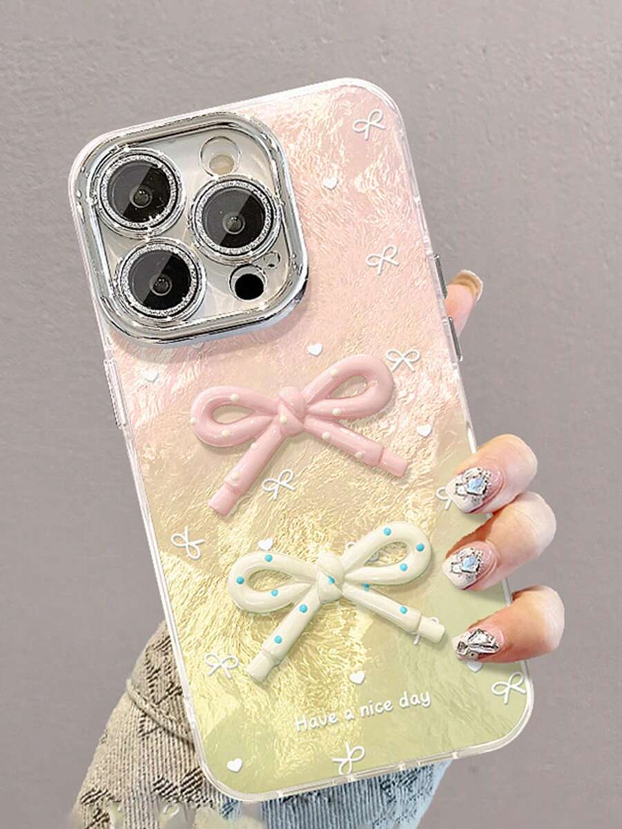 3D Relief IMD Glossy Oil Three-Dimensional Bow Phone Case, Compatible With 16/15/14/13/12 Pro Max/11/17 Pro/17 Pro Max, Fashionable Anti Drop, Waterproof, Anti Drop, Anti Scratch Protection, Back Cover UV Protection - Pink - View 1