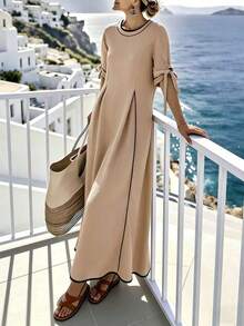 Holidaya Women's New Round Neck Color Block Trim Mid-Sleeve Drawstring Tie Waist Loose Swing Dress, Suitable For Vacation And Travel Beige Dress Women Tan Dress Women Summer Dress Loose Dress Casual Dress - 杏色 - 查看 5