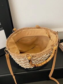 Summer Holiday Handbag, Woven Ladies Tote Bag, Colorblock Straw Bag With Long Shoulder Strap For Crossbody, Zipper Closure, Suitable For Vacation, Beach, Casual Daily Wear - Khaki - View 9