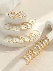 28pcs/Set Fashionable Ring Set With Heart Shaped Design, Geometric Style And Bohemian Element Accent - 金色 - 查看 5