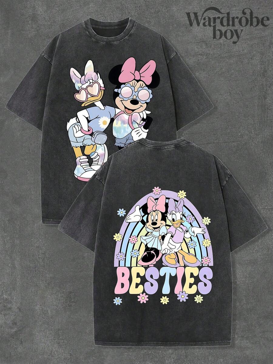 Disney Short Sleeved Washed Cotton Printed T-Shirt, Cartoon MINI Daisy Pattern T-Shirt, Mother's Day T-Shirt, 2026 New T-Shirt, Suitable For Both Men And Women, High-Quality Pure Cotton T-Shirt, Suitable For All Seasons, Comfortable And Breathable | Exquisite Design | Excellent Gift Selection - 黑色 - 查看 1