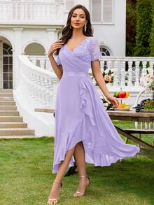 Đầm xòe thanh lịch bằng chiffon, cổ chữ V, phối ren, viền bèo nhún, thích hợp cho khách dự đám cưới và tiệc tối. - Màu tím hoa cà - Xem 7