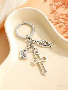 1pc Casual Hollow Cross & Letter Keychain, Party Gift Pendant - Antique Silver - View 3