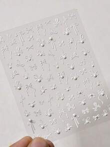 1pc 2025 Spring Festival White Bow Nail Stickers 5D Mixed Luxury Crystal Pearl Tape Self Adhesive Nail Art Decoration Stickers Stickers DIY Nails Nail Supplies - 白色 - 查看 3