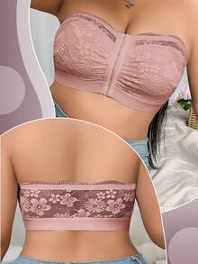 Plus Size Comfortable Front Closure Lace Patchwork Wireless Bra - Apricot - View 6
