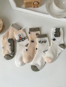 5 Pairs Kids' Spring/Summer Cartoon Dinosaur Breathable Mesh Mid-Calf Socks, Versatile Boys' Socks - Multicolor - View 12