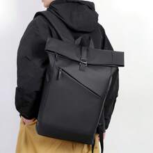 卷边男士双肩包，商务通勤包，学生书包，户外旅行包 - 黑色 - 查看 3